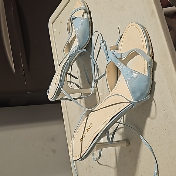 New "Kiss Me" Designer Lt. Blue Patent Sandals, Long Ankle/Leg Wrap Around Strap - Picture 2 of 5